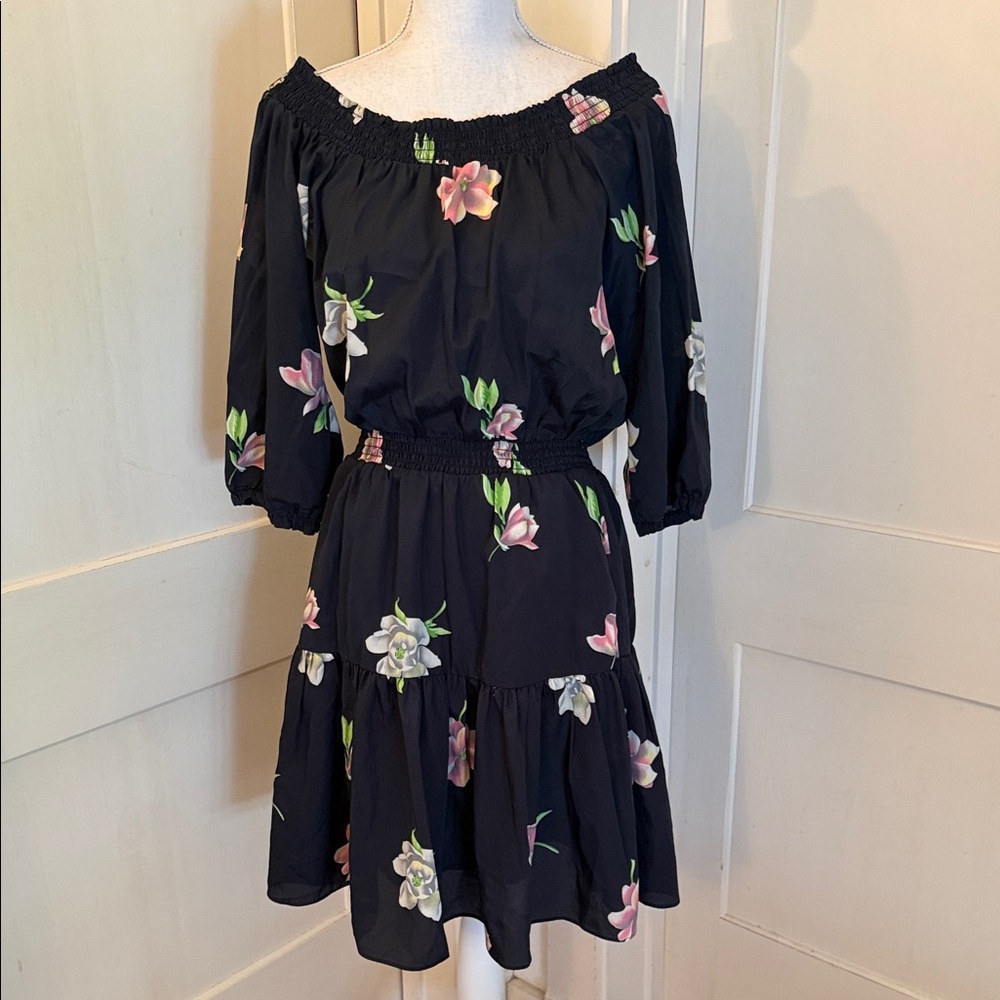 Off-Shoulder Floral Midi Dress with Pink & White Blooms